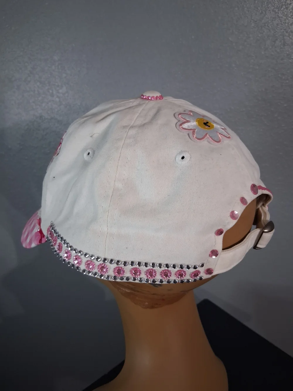 Hand Crafted White Pink Embellished Baseball Cap